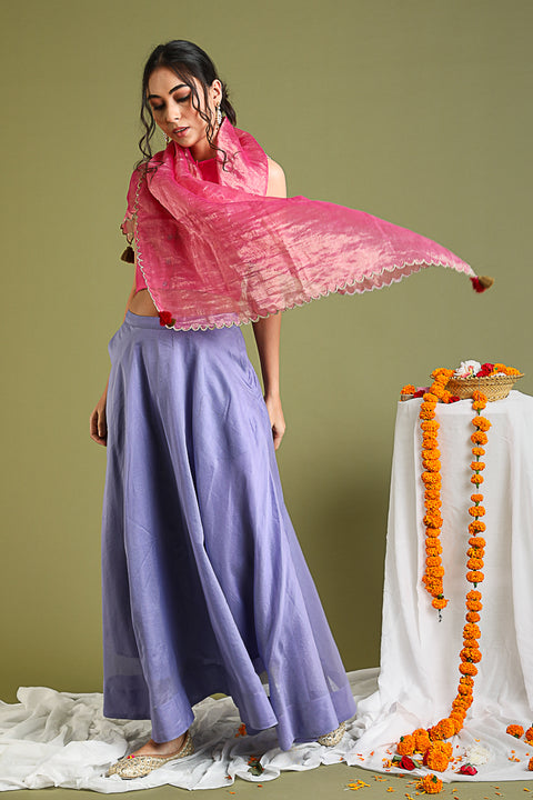 Order Coord Set- Pink Halter Neck Top, With Lavender Flared Skirt And Pink & Gold Stripe Scarf In Chanderi Hand Loom (Set Of 3) - By Vinusto