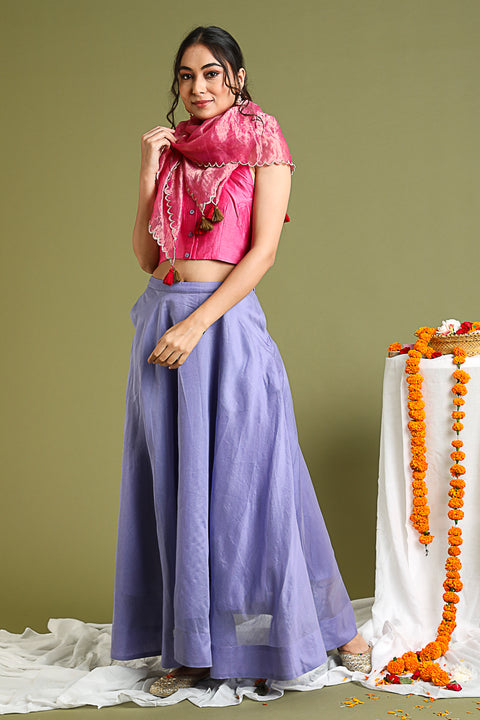 Shop Coord Set- Pink Halter Neck Top, With Lavender Flared Skirt And Pink & Gold Stripe Scarf In Chanderi Hand Loom (Set Of 3)at Best Price online - By Vinusto