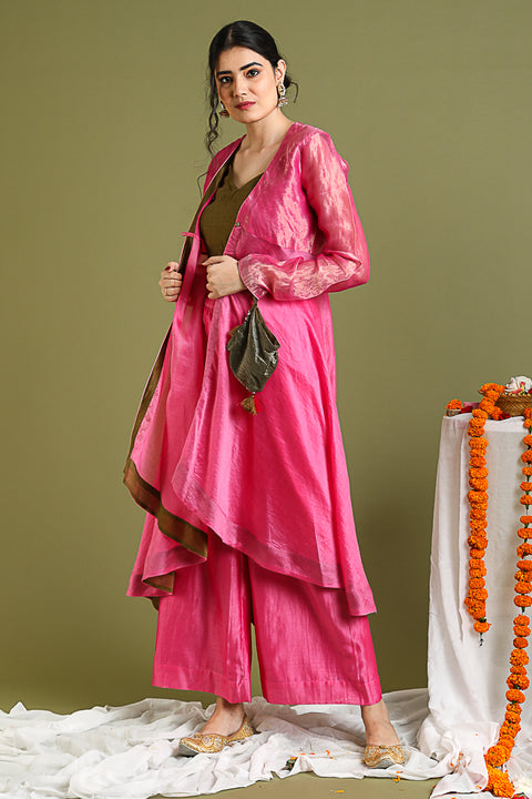 Premium Chanderi Handloom Flared Jacket & Palazzo in Pink Gold Stripes with Tobacco Brown Crop Top | Vinusto

