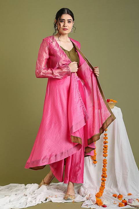 Shop Chanderi Handloom Flared Jacket & Palazzo in Pink Gold Stripes with Tobacco Brown Crop Top | Vinusto

