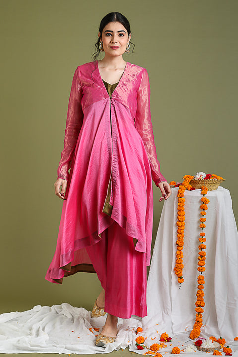Buy Chanderi Handloom Flared Jacket & Palazzo in Pink Gold Stripes with Tobacco Brown Crop Top | Vinusto

