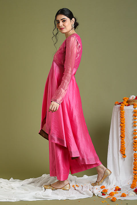 Luxury Chanderi Handloom Flared Jacket & Palazzo in Pink Gold Stripes with Tobacco Brown Crop Top | Vinusto

