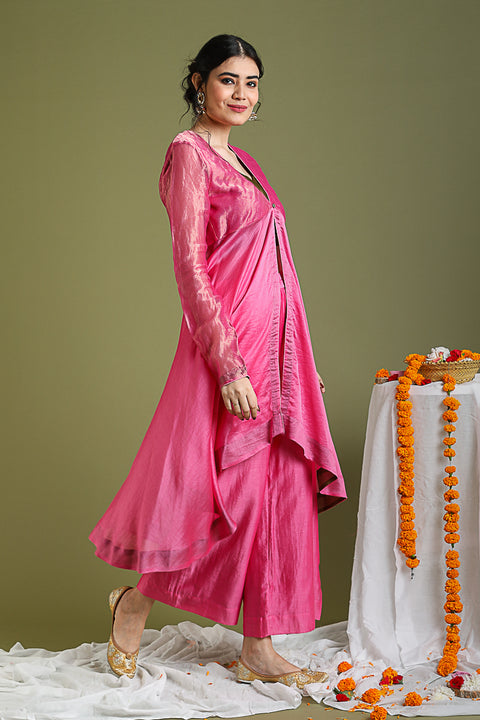 Order Chanderi Handloom Flared Jacket & Palazzo in Pink Gold Stripes with Tobacco Brown Crop Top | Vinusto

