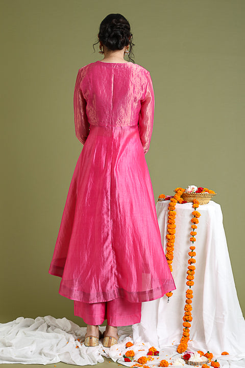 100%Authentic Chanderi Handloom Flared Jacket & Palazzo in Pink Gold Stripes with Tobacco Brown Crop Top | Vinusto

