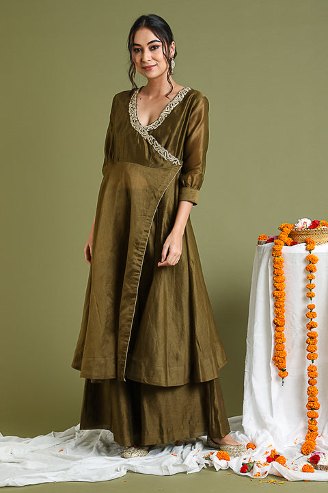 Order Chanderi Hand loom Embroidered High Slit Anarkali & Palazzo in Tobacco Brown (Set of 2) - By Vinusto 