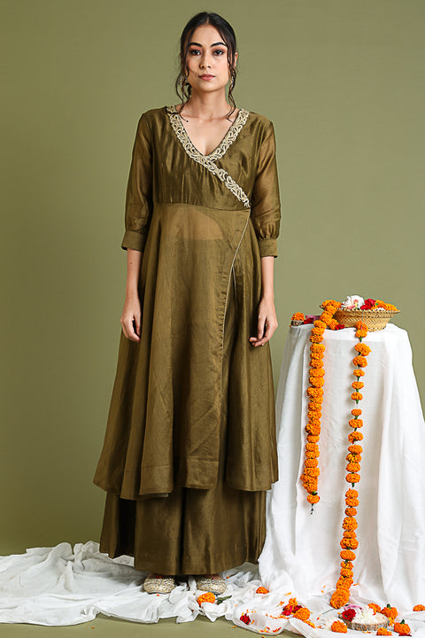 Beautiful Chanderi Hand loom Embroidered High Slit Anarkali & Palazzo in Tobacco Brown (Set of 2) - By Vinusto 