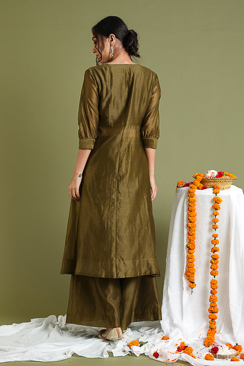 Premium Chanderi Hand loom Embroidered High Slit Anarkali & Palazzo in Tobacco Brown (Set of 2) - By Vinusto 