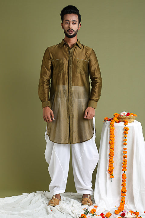 Order Silk Pathani Kurta in Chanderi Handloom with Cotton Salwar in Tobacco Brown & White | Vinusto