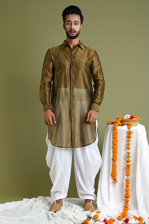 Silk Pathani Kurta in Chanderi Handloom with Cotton Salwar in Tabacco Brown & White