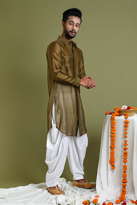 Buy Silk Pathani Kurta in Chanderi Handloom with Cotton Salwar in Tobacco Brown & White | Vinusto