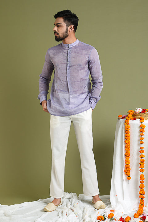 Buy Lavender Shirt Kurta in Chanderi Tissue with White Cotton Pants | Vinusto