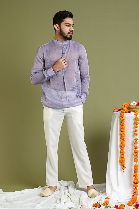 Order Lavender Shirt Kurta in Chanderi Tissue with White Cotton Pants | Vinusto
