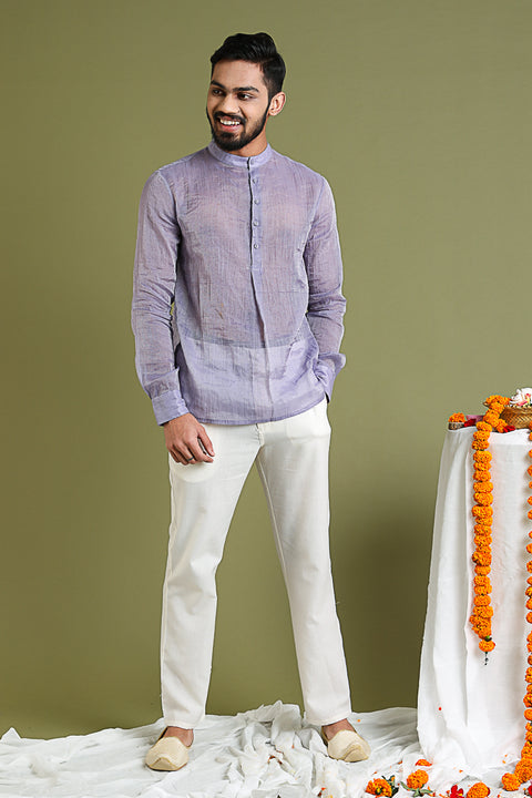 Lavender Shirt Kurta in Chanderi Tissue with White Cotton Pants