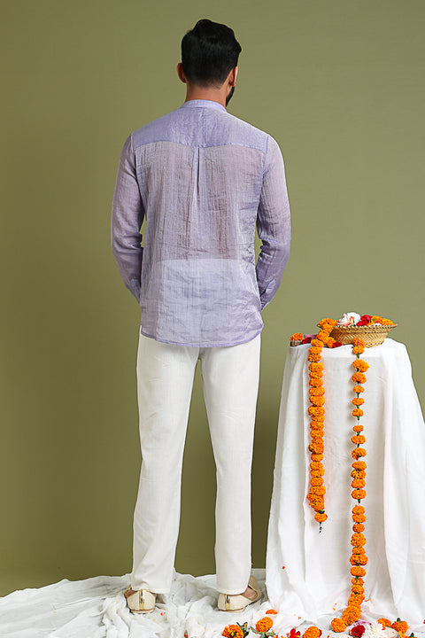 Premium Lavender Shirt Kurta in Chanderi Tissue with White Cotton Pants | Vinusto