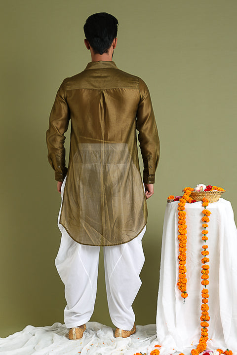 Luxury Silk Pathani Kurta in Chanderi Handloom with Cotton Salwar in Tobacco Brown & White | Vinusto