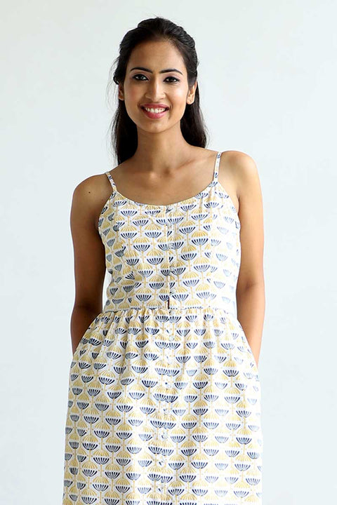 Shop Buttoned Strap Dress in Off-White Hand Block Print | Vinusto