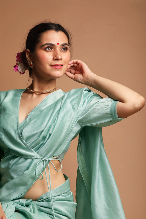 Luxury Wrap Around Blouse with Dori in Mint Green Chanderi Handloom | Vinusto