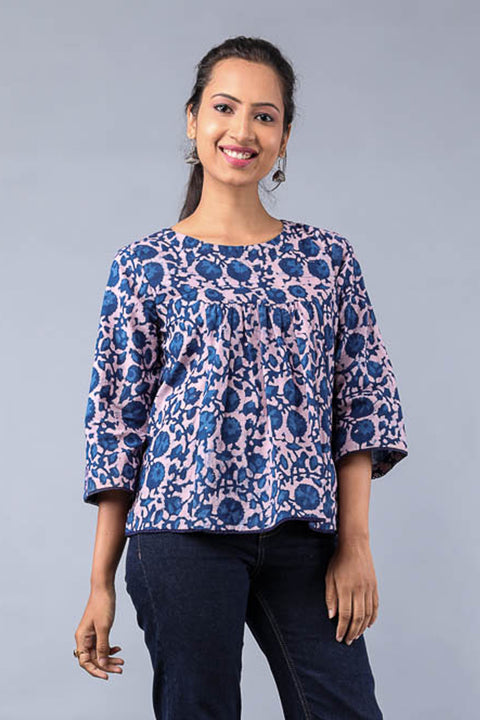 Shop Pleated Top in Blush Pink & Indigo Hand Block Printed Cotton | Vinusto