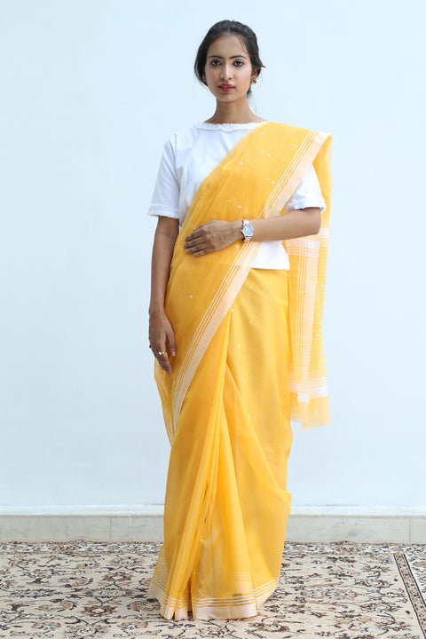 Shop Chanderi Saree in Yellow & White | Elegant Cotton Saree for Every Occasion

