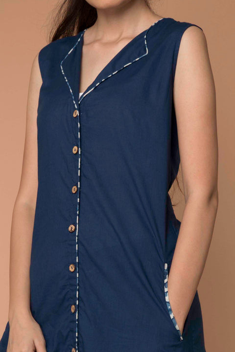 Premium Navy Blue Asymmetric Hem Cotton Kurta & Indigo Hand Block Printed Palazzo - Set of 2 | Vinusto