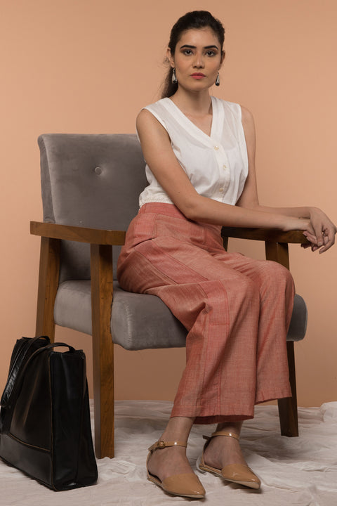 Shop White Cotton Shirt with Coral Loose-Fit Straight Pants in Handwoven Sambalpur Cotton (Set of 2) | Vinusto
