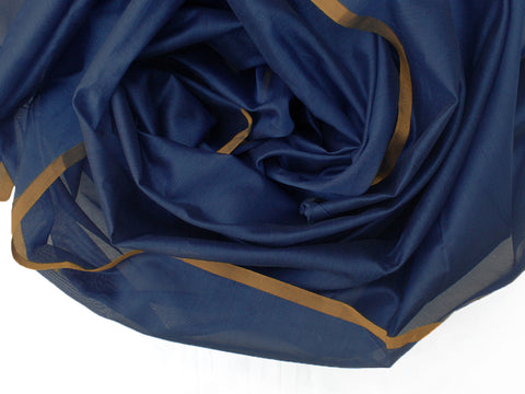 Order Handwoven Dark Blue Chanderi Silk Fabric With Gold Border - By Vinusto