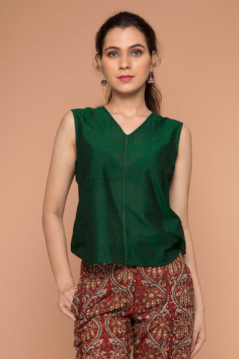 Premium Dark Forest Green Top in Handloom Sambalpur Cotton | Vinusto