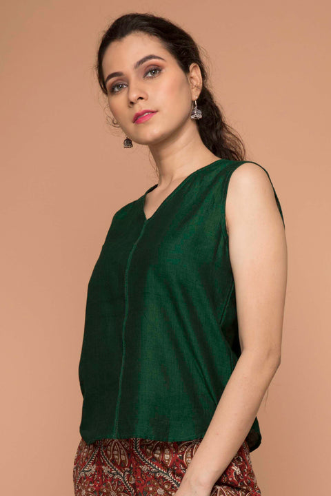 Shop Dark Forest Green Top in Handloom Sambalpur Cotton | Vinusto