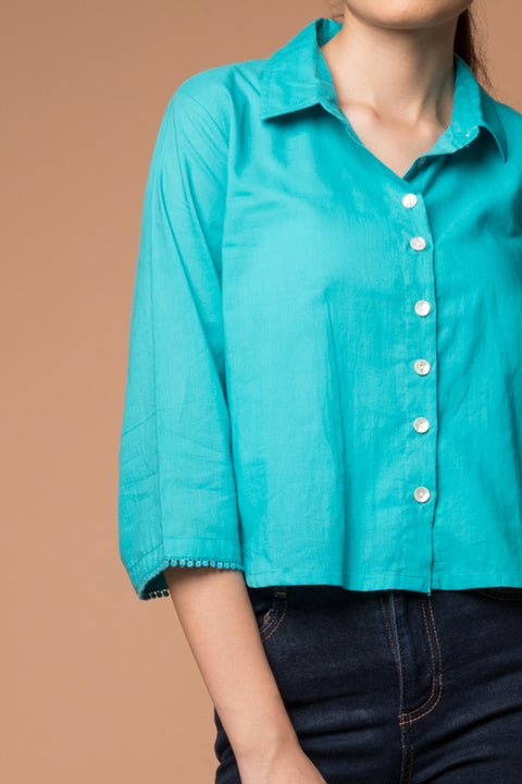 Premium Crop Shirt with Kimono Sleeves in Aqua Blue Cotton | Vinusto