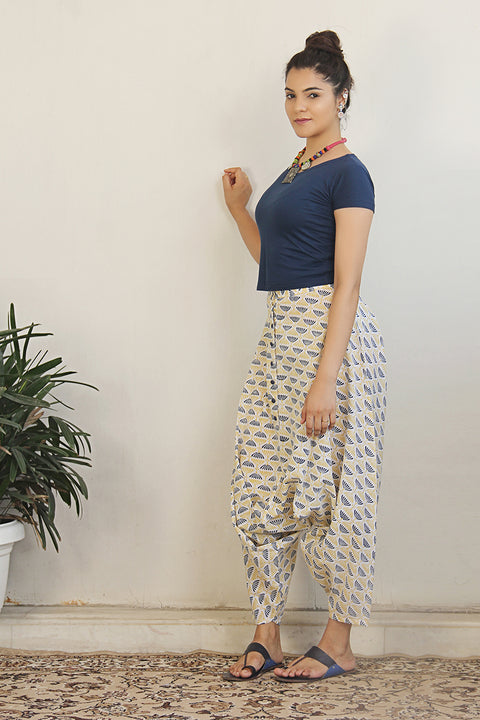 Premium Block-Printed Cotton Harem Pants in Off-White | Vinusto