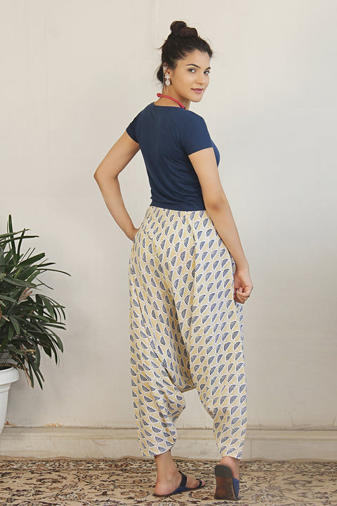 Handcraft Block-Printed Cotton Harem Pants in Off-White | Vinusto