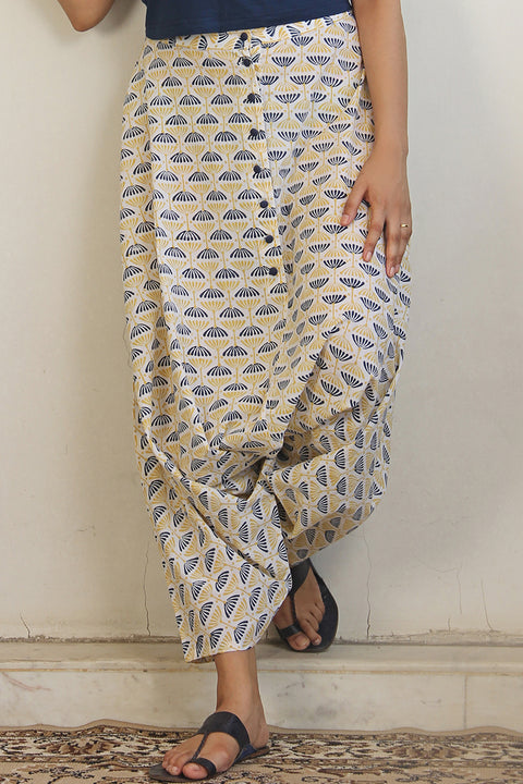 Luxury Block-Printed Cotton Harem Pants in Off-White | Vinusto