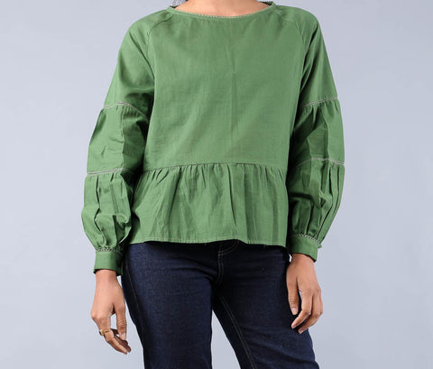 Handcraft Boxy Fit Top with Lace in Fern Green Cotton | Vinusto