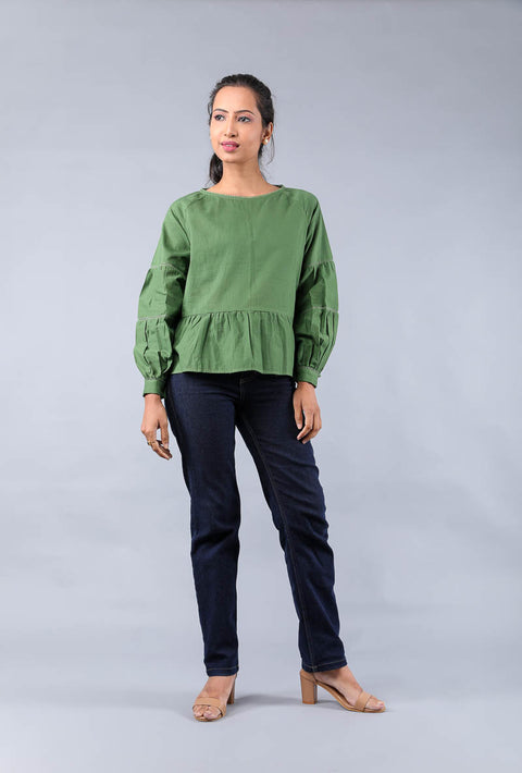 Buy Boxy Fit Top with Lace in Fern Green Cotton | Vinusto