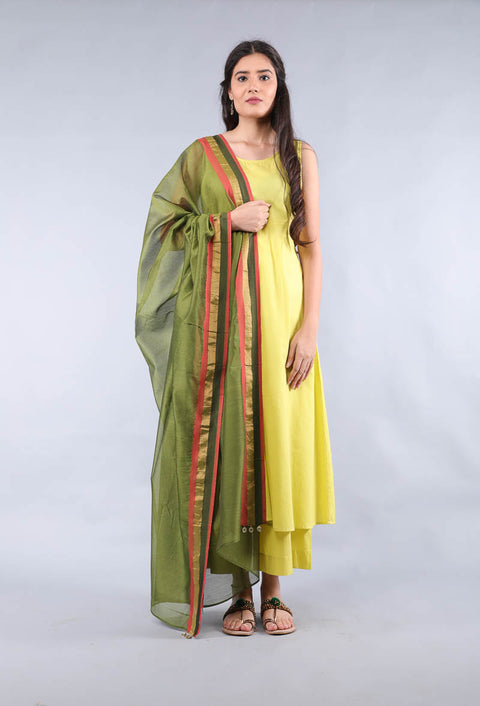 Shop Yellow Cotton Suit Set with Handwoven Chanderi Dupatta in Fern Green - Set of 3 | Vinusto
