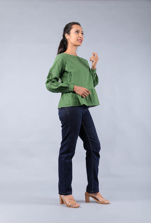 Order Boxy Fit Top with Lace in Fern Green Cotton | Vinusto
