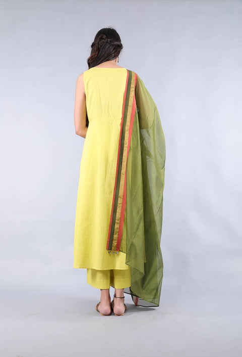 Luxury Yellow Cotton Suit Set with Handwoven Chanderi Dupatta in Fern Green - Set of 3 | Vinusto