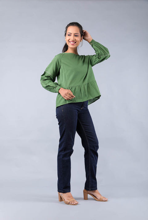 Luxury Boxy Fit Top with Lace in Fern Green Cotton | Vinusto