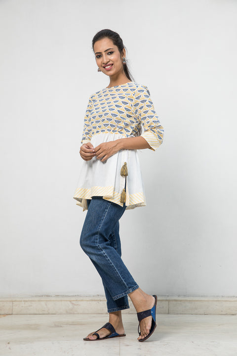 Order Hand Block Printed Cotton Top with Gathers and Drawstring | Vinusto
