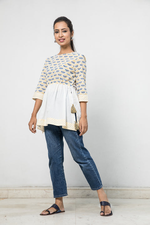 Luxury Hand Block Printed Cotton Top with Gathers and Drawstring | Vinusto