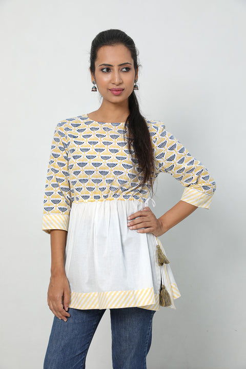 Buy Hand Block Printed Cotton Top with Gathers and Drawstring | Vinusto