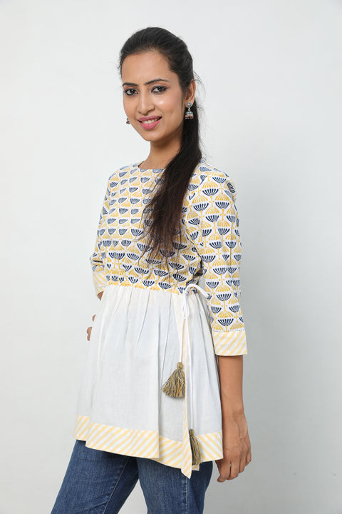Shop Hand Block Printed Cotton Top with Gathers and Drawstring | Vinusto