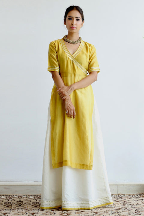 Premium Chanderi Kurta & Skirt Set in Yellow & Off-White - Set of 2

