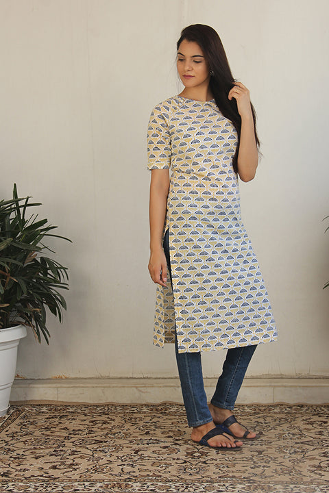Block printed cotton kurta in Off white