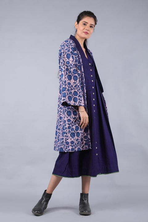 Shop Kimono Jacket Dress in Midnight Blue & Blush Pink Handwoven Cotton with Indigo Hand Block Print (Set of 2) | Vinusto