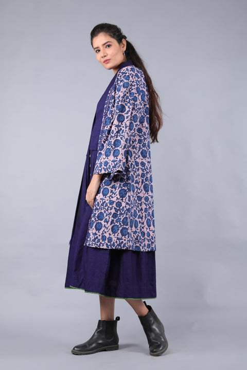 Buy Kimono Jacket Dress in Midnight Blue & Blush Pink Handwoven Cotton with Indigo Hand Block Print (Set of 2) | Vinusto
