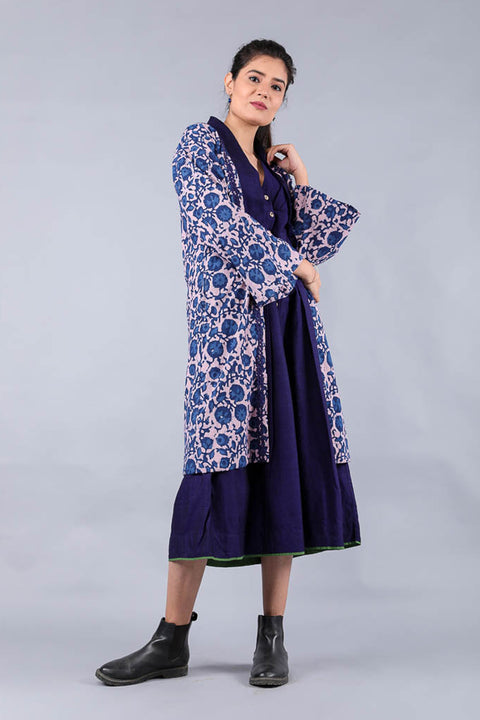 Order Kimono Jacket Dress in Midnight Blue & Blush Pink Handwoven Cotton with Indigo Hand Block Print (Set of 2) | Vinusto