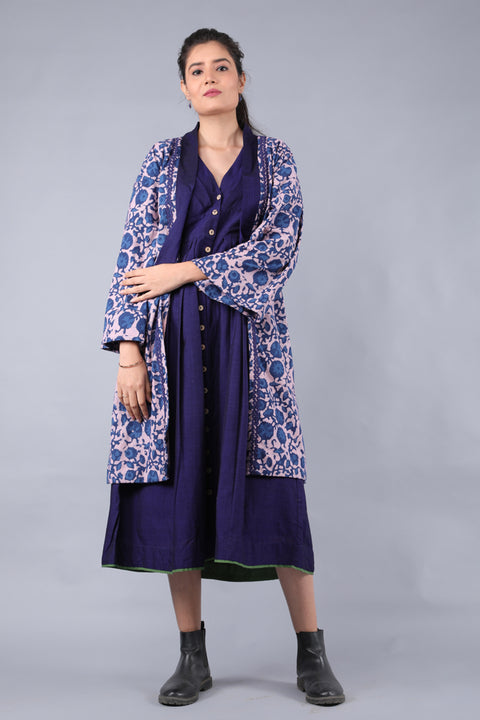 Luxury Kimono Jacket Dress in Midnight Blue & Blush Pink Handwoven Cotton with Indigo Hand Block Print (Set of 2) | Vinusto