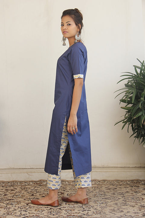 Order Straight fit cotton kurta in Navy blue with block print pants (set of 2) by Vinusto 