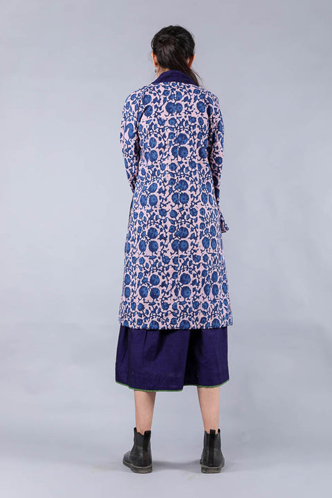 Premium Kimono Jacket Dress in Midnight Blue & Blush Pink Handwoven Cotton with Indigo Hand Block Print (Set of 2) | Vinusto